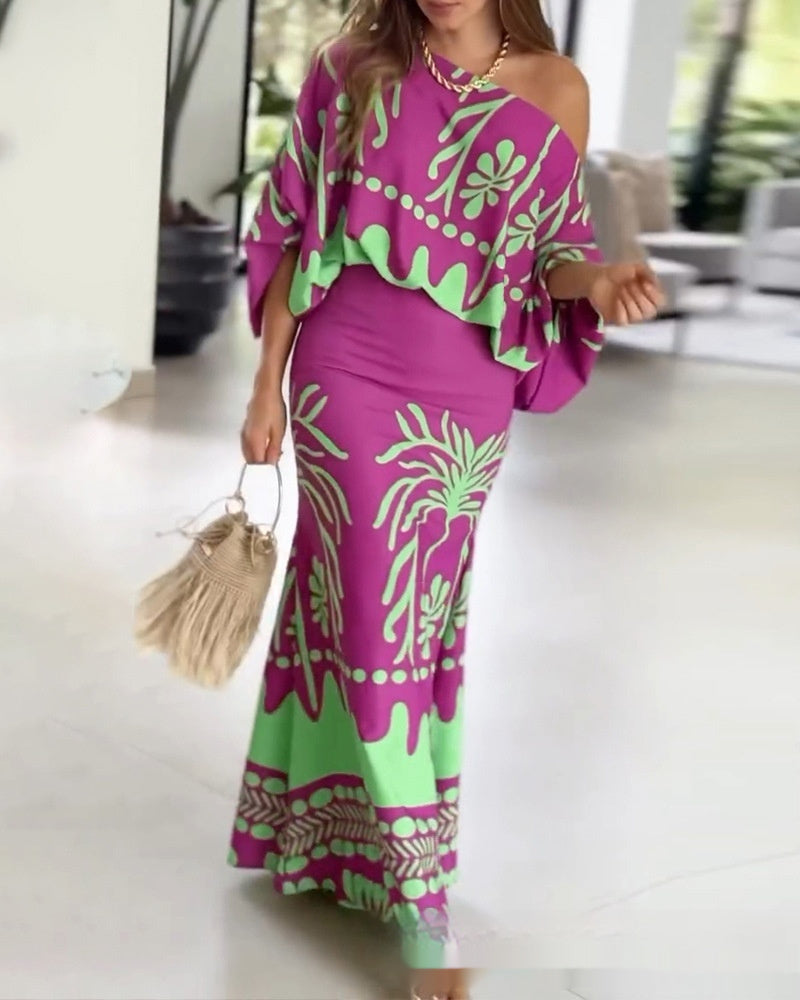 Printed Lantern-sleeve Loose-fit Top Set