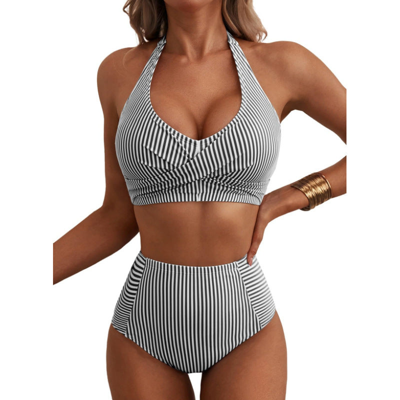 Neck-tie Pocket Swimsuit Striped Swimsuit For The Beach