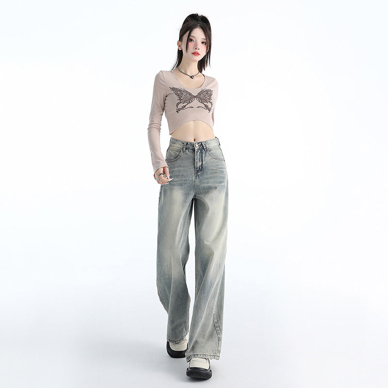 Jeans Washed Loose Drooping Draggle-tail Straight Trousers