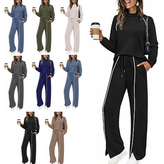 Round Neck Long Sleeve Stretch Leg Slit Casual Sweatshirt Outfit