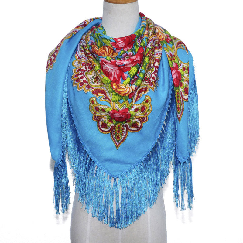 Women's Retro Print Floral Fringed Scarf