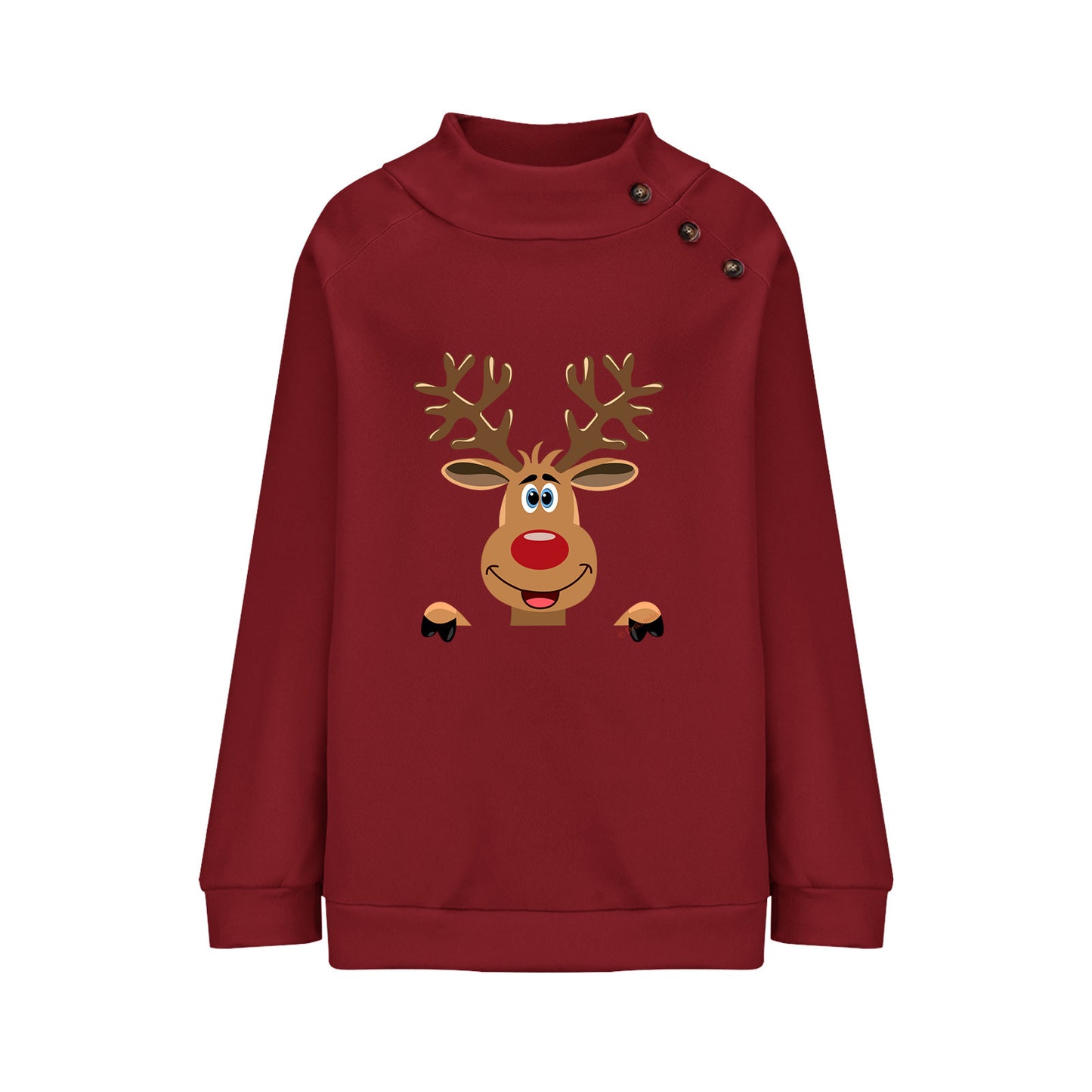 Deer Cartoon Turtleneck Buttons Loose Long Sleeve Sweatershirt Female
