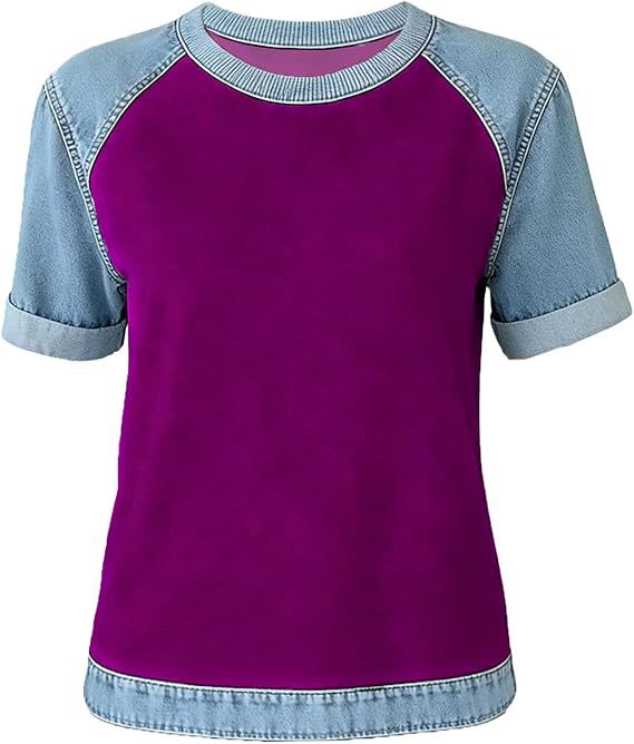 Denim Patchwork Crew Neck Short-sleeve Loose Casual Everyday Versatile