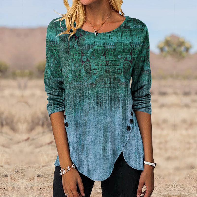 Digital Retro Printed Button Irregular Hem Round Neck Long Sleeve 3D
