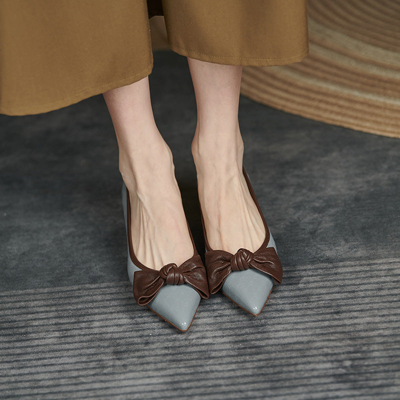 Women's Bow Leather Mid Heel Shoes Spring Autumn