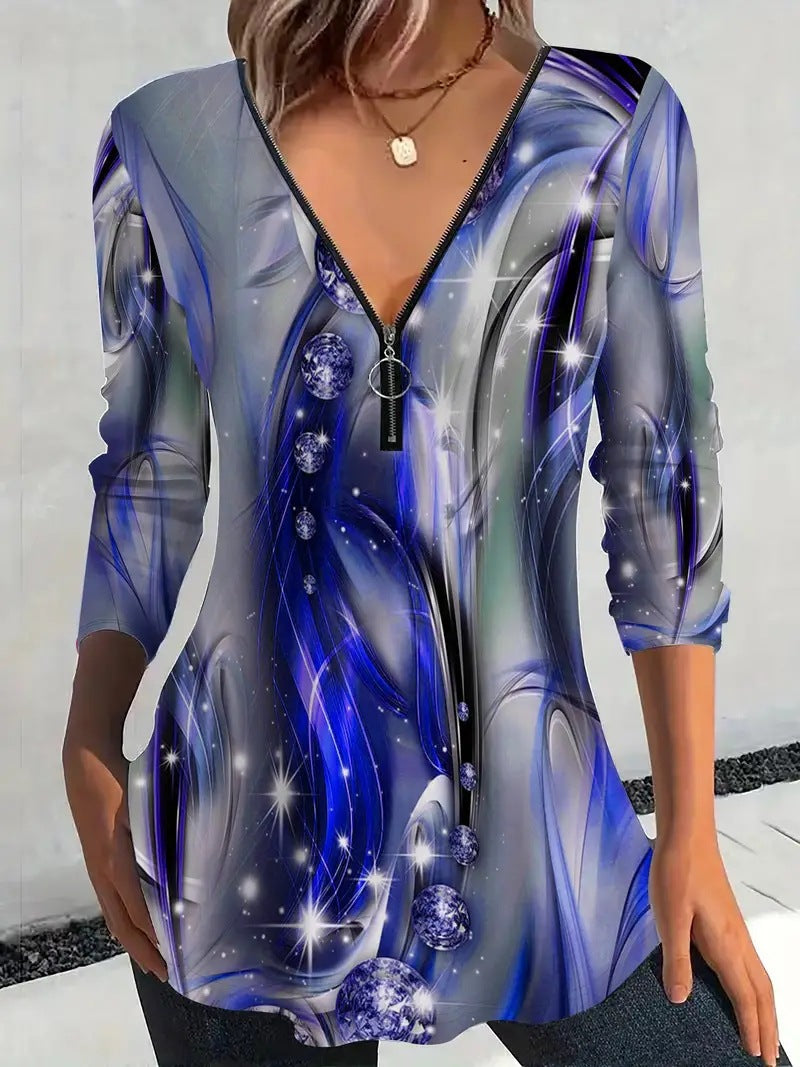 V-neck Zipper Floral Print Long Sleeve Women's Top