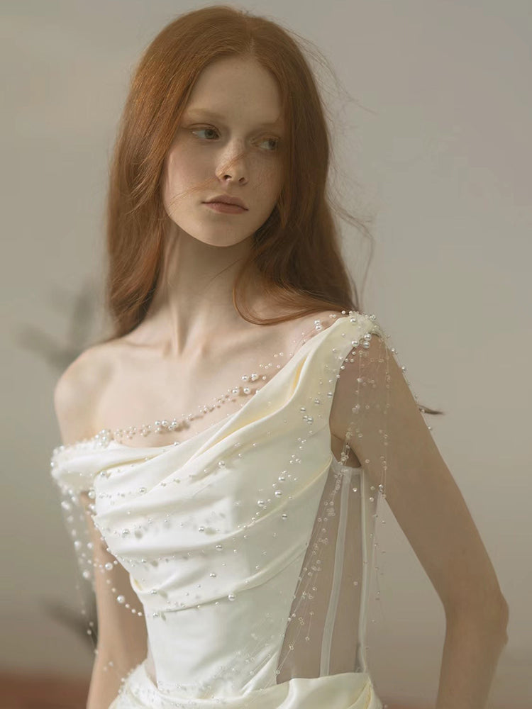 White Simple Outerwear Yarn Satin Off-shoulder Fishtail Dress
