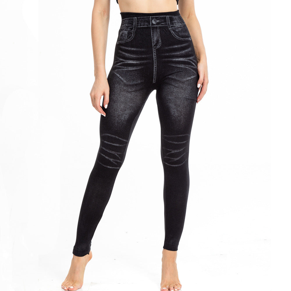 Womens Fashionable Pleated Printed Faux Denim Leggings