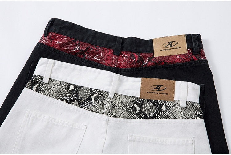 Hip Hop Street Python Pattern Patchwork Jeans Vintage Unisex Style