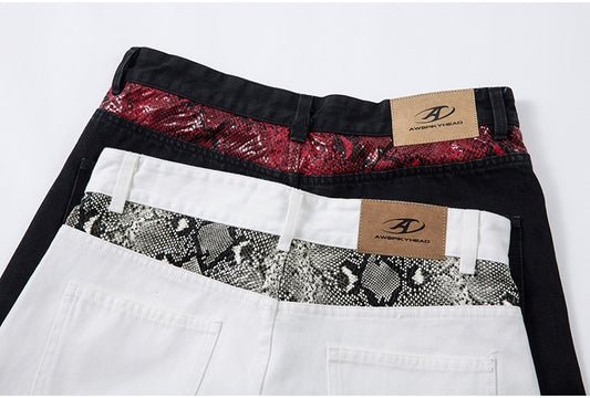 Hip Hop Street Python Pattern Patchwork Jeans Vintage Unisex Style