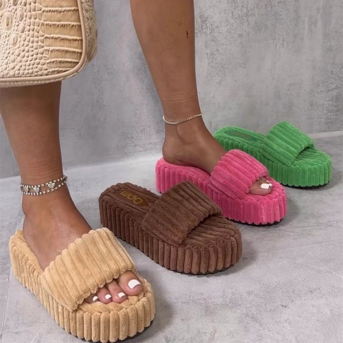 Wearing Plush Slippers With A Large Thick Sole On The Outside