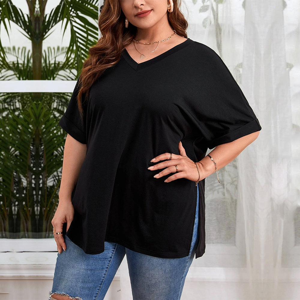 Women's V-neck Loose Casual Slit Solid Color Short Sleeve T-shirt Top