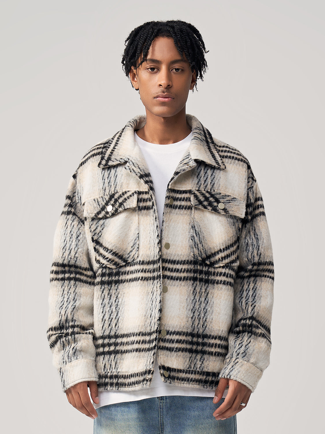 Sea Horse Hair Coarse Checked Shirt Jacket Loose Wool Clip Cotton
