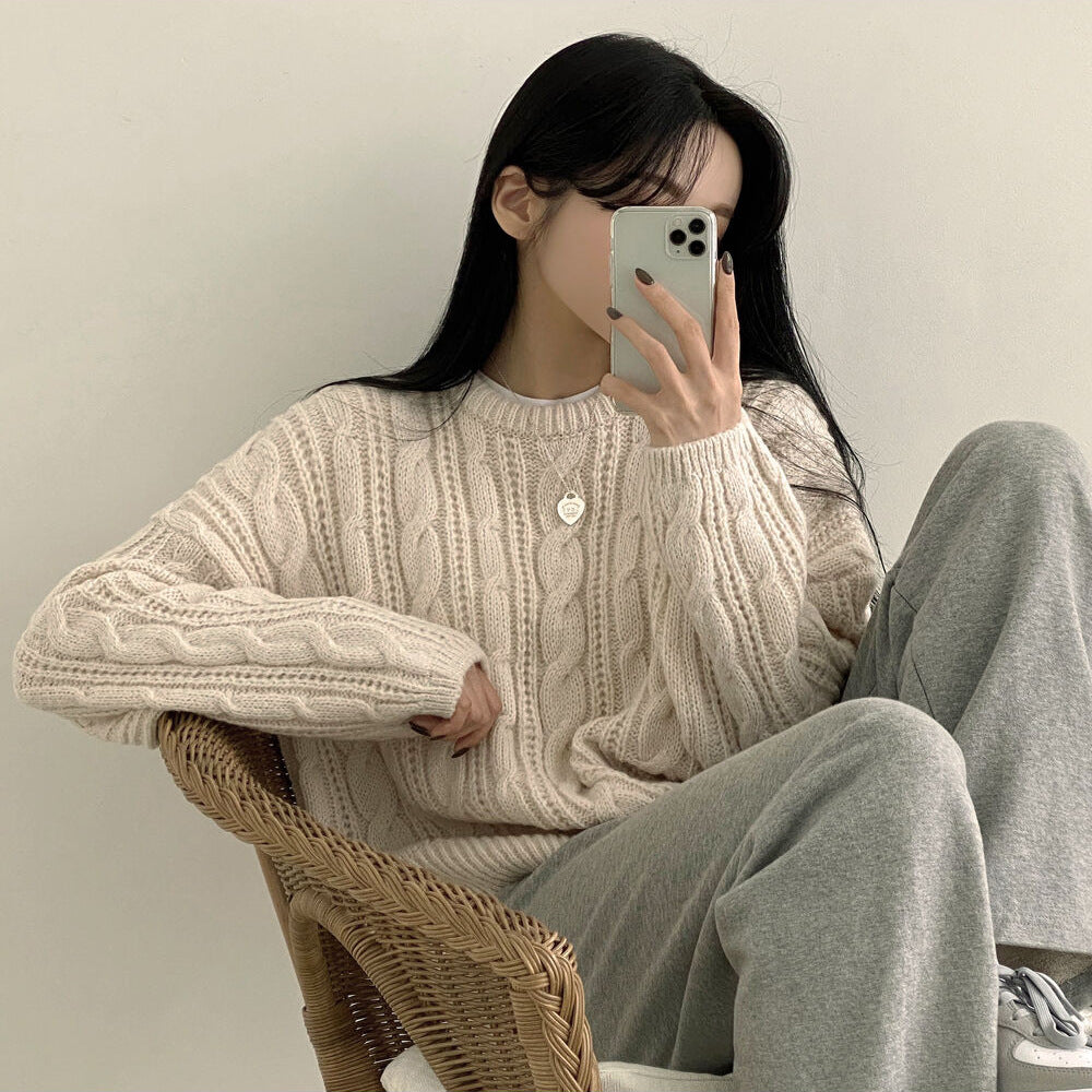 Thick Twist Sweater Idle Style Round Neck Solid Color Pullover Long Sleeve