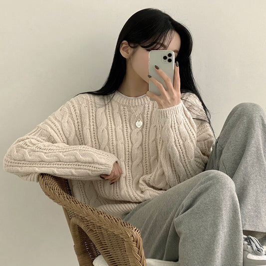 Thick Twist Sweater Idle Style Round Neck Solid Color Pullover Long Sleeve