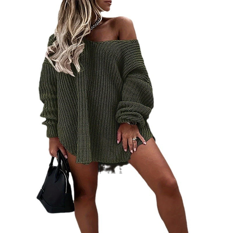 Mid-length Off-shoulder Solid-color V-neck Loose Sweater
