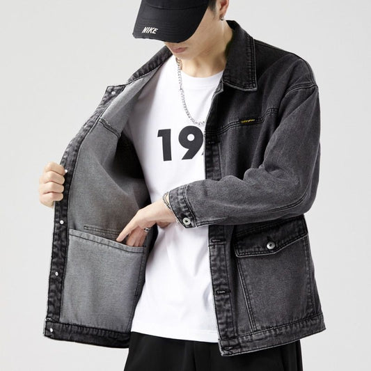 Denim Loose Spring And Autumn Trendy Workwear Jacket Top Denim Short Gown Men