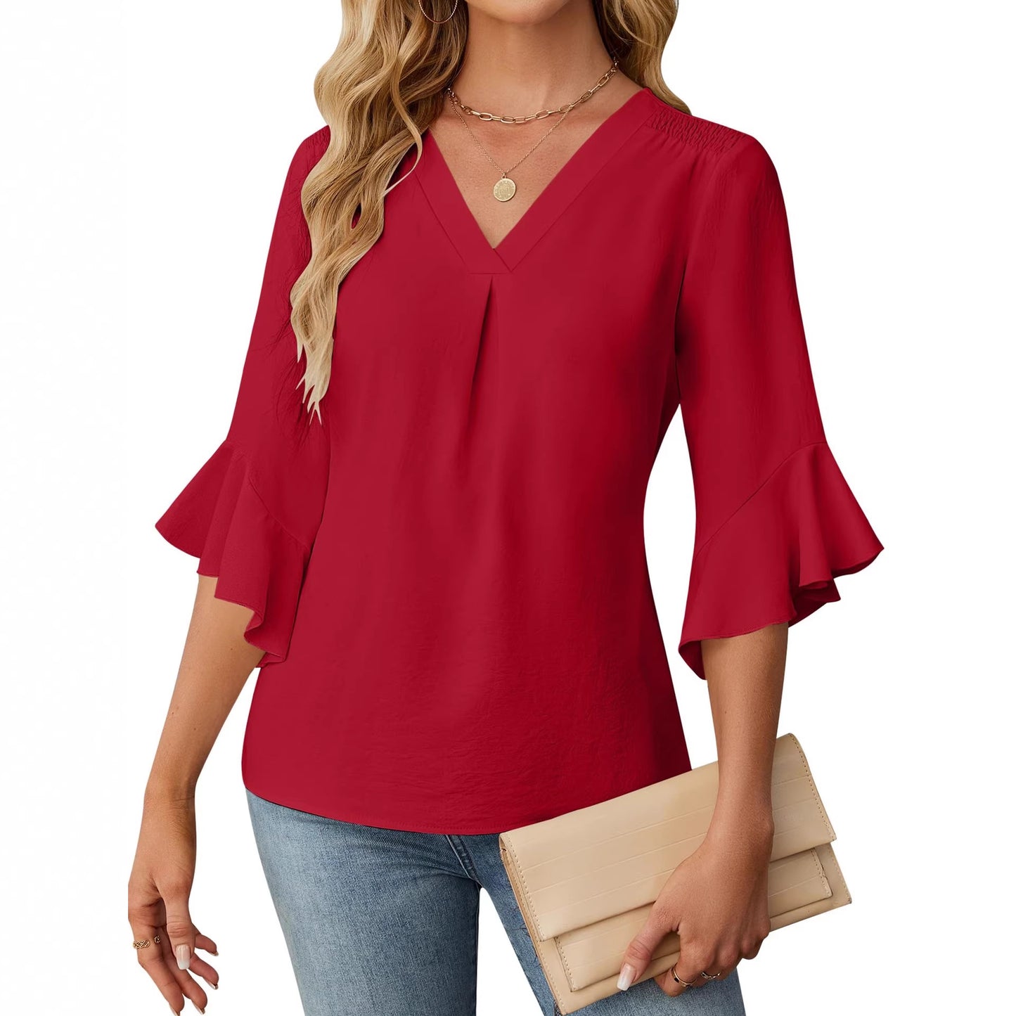 Womens Casual Chiffon Blouse With V-Neck And Ruffle Sleeves