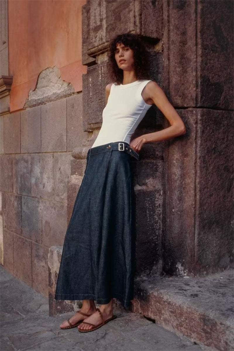 High-waist Asymmetric Slit A-line Denim Midi Skirt For Women