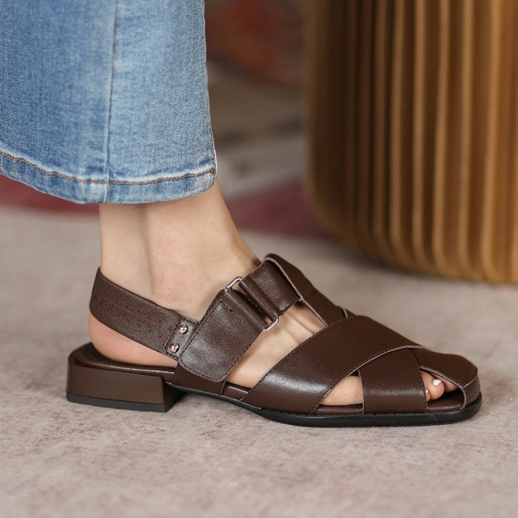 Low-heel Retro Velcro Sandals Thick-heeled Baotou Back Strap Women's Shoes
