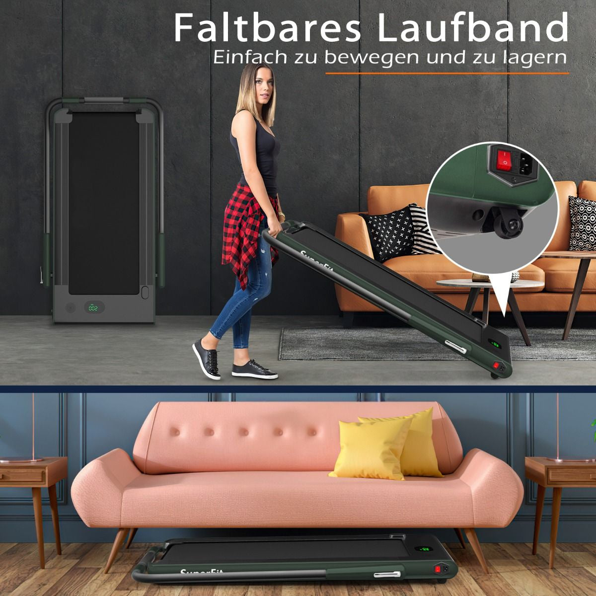 2-In-1 Faltbares Laufband Mit APP & Fernbedienung Handyhalter Led-Display Und Lautsprecher Grün