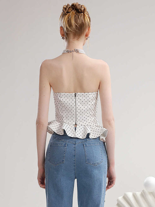 Summer Contrast Color Polka Dot Irregular Spaghetti-strap Top