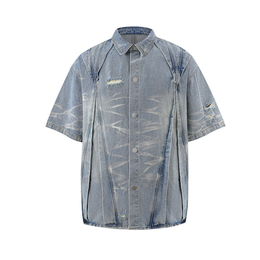 High-Street Edgy Stylish Washed Denim Workwear Shirt Set