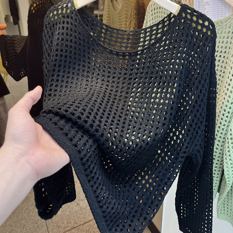 Sexy Pure Want To Wear Round Neck Long Sleeve Hollow Knitted Mesh Shirt
