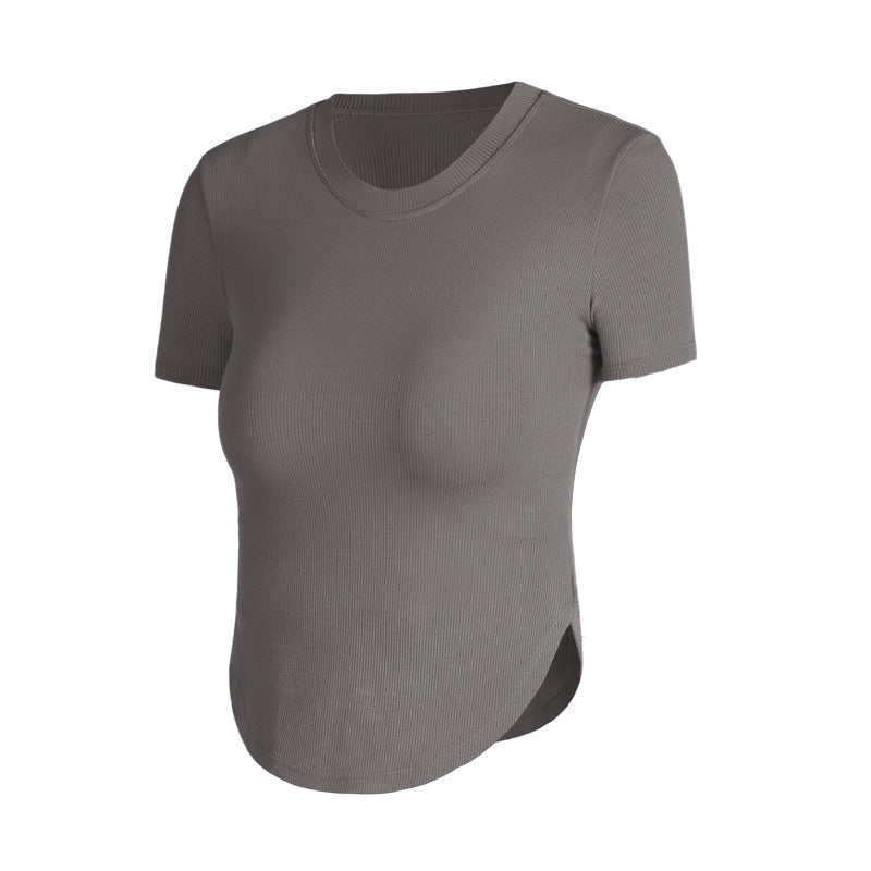 Rib Sports Short-sleeved Blouse With Chest Pad Workout Clothes Running T-shirt Beauty Back Tight