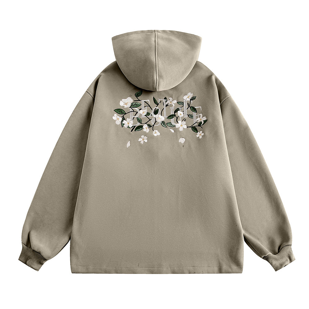 Small Floral Vine Embroidery Hooded Loose Coat