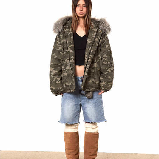 Hooded Loose Camouflage Fur Collar Detachable Cotton Jacket