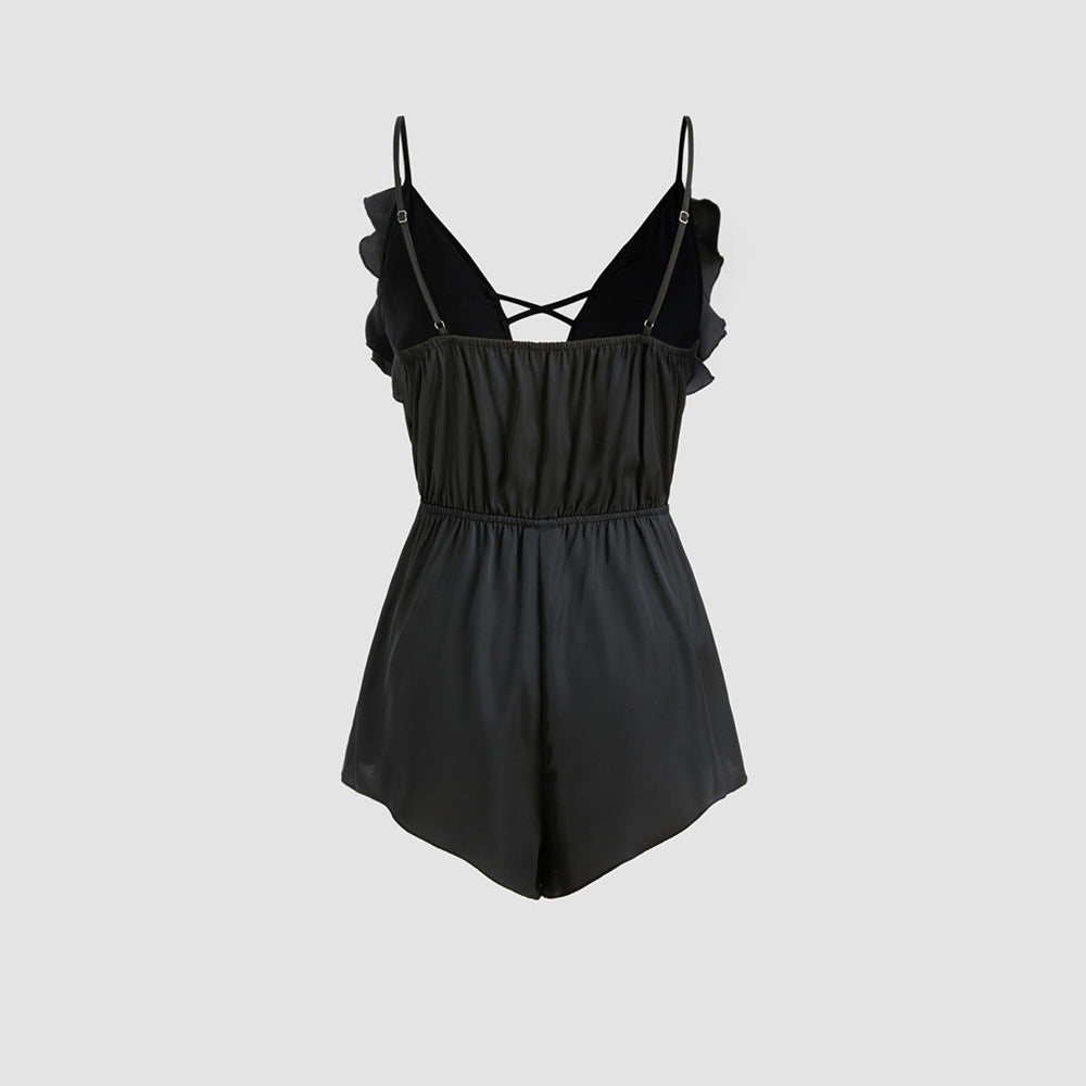 Europæisk og amerikansk sexet stil camisole homewear jumpsuit, sommer dyb V-hals med flæser, behagelig top til kvinder