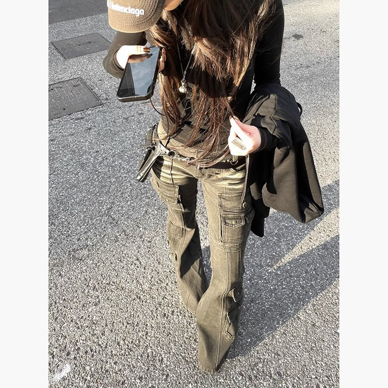 American Retro Multi-pocket Low-waist Slightly Flared Pants