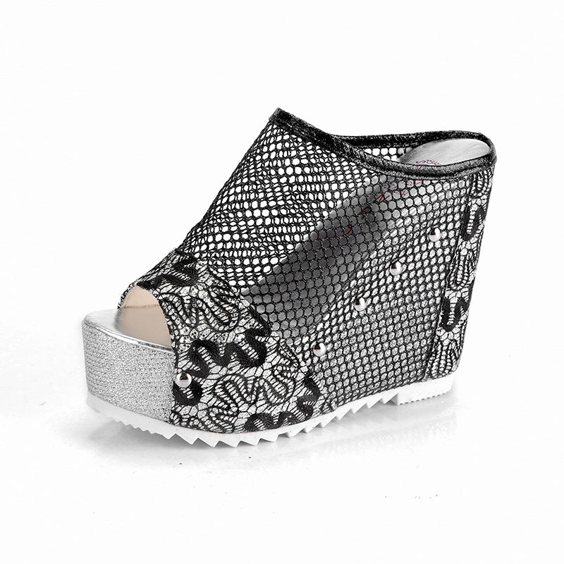 Hollowed-out Heel Korean Cross-border Chunky Heel Waterproof Platform Lace Spring And Summer Style