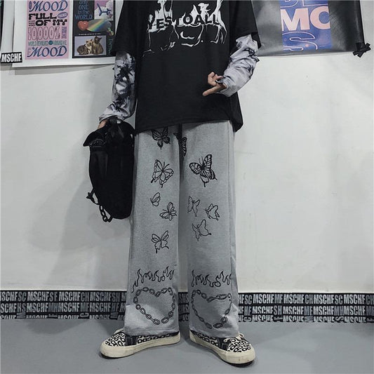 Retro Butterfly Print Wide Leg High Waist Women's Casual Pants