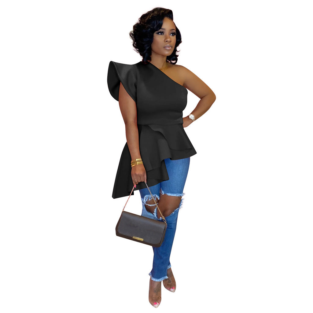 One-shoulder Ruffle Irregular Short-sleeved Top