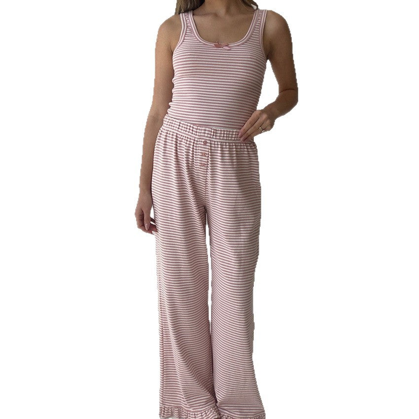 Casual Homewear Striped Vest With Ruffle-trimmed Pants Pajama Set Suitable For Outside Wear