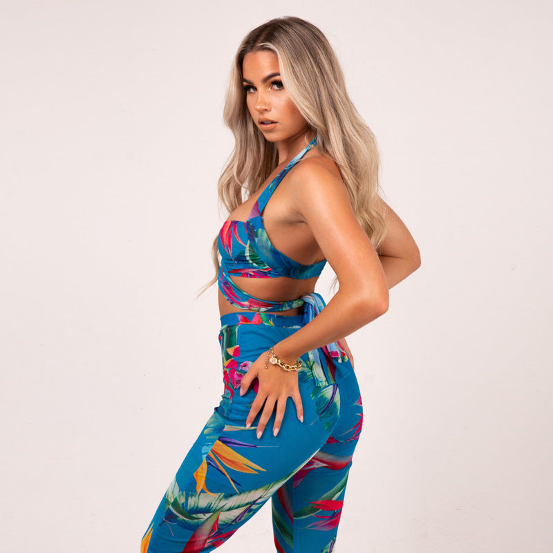 Fashion Printed Sleeveless Vest Flared High Waist Wide Leg Pants Suit