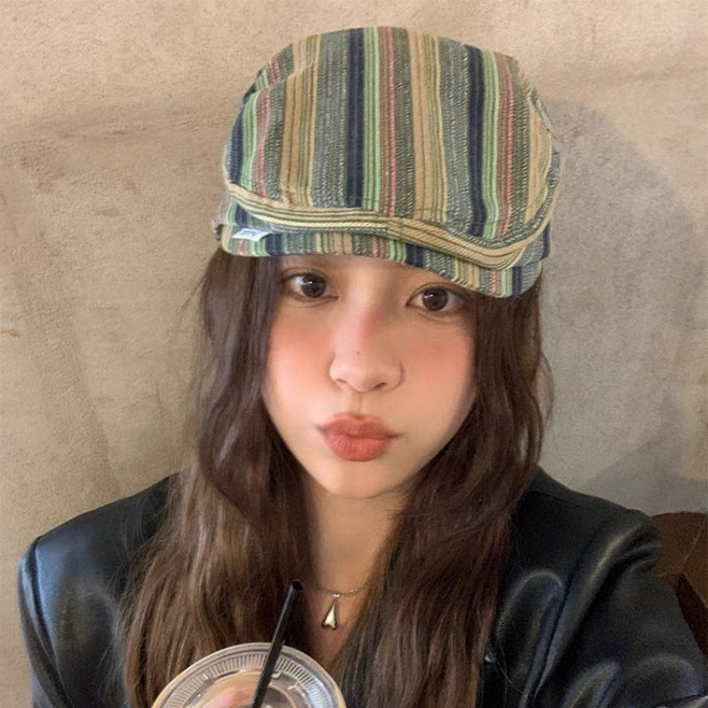 Japanese-style Retro Beret Women's All-matching Striped Plaid Makes Face Look Smaller