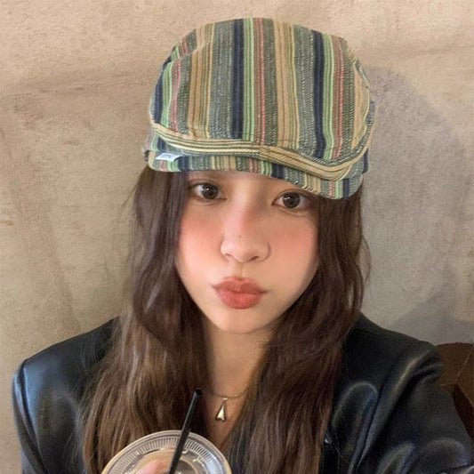 Japanese-style Retro Beret Women's All-matching Striped Plaid Makes Face Look Smaller