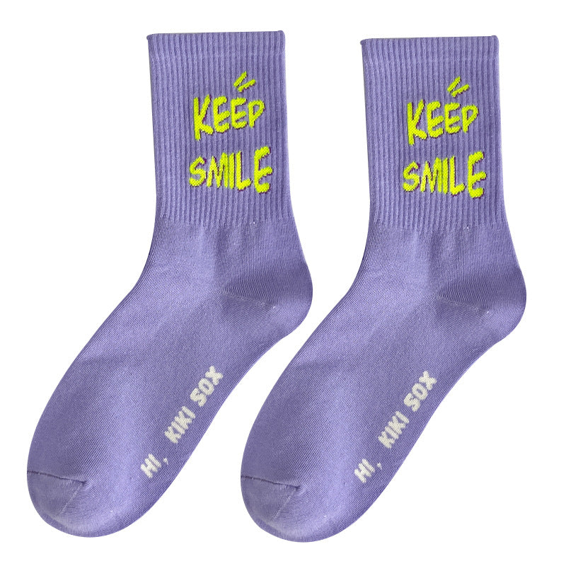 Tube Socks Women's Autumn Purple Letter High Waist Cotton Socks