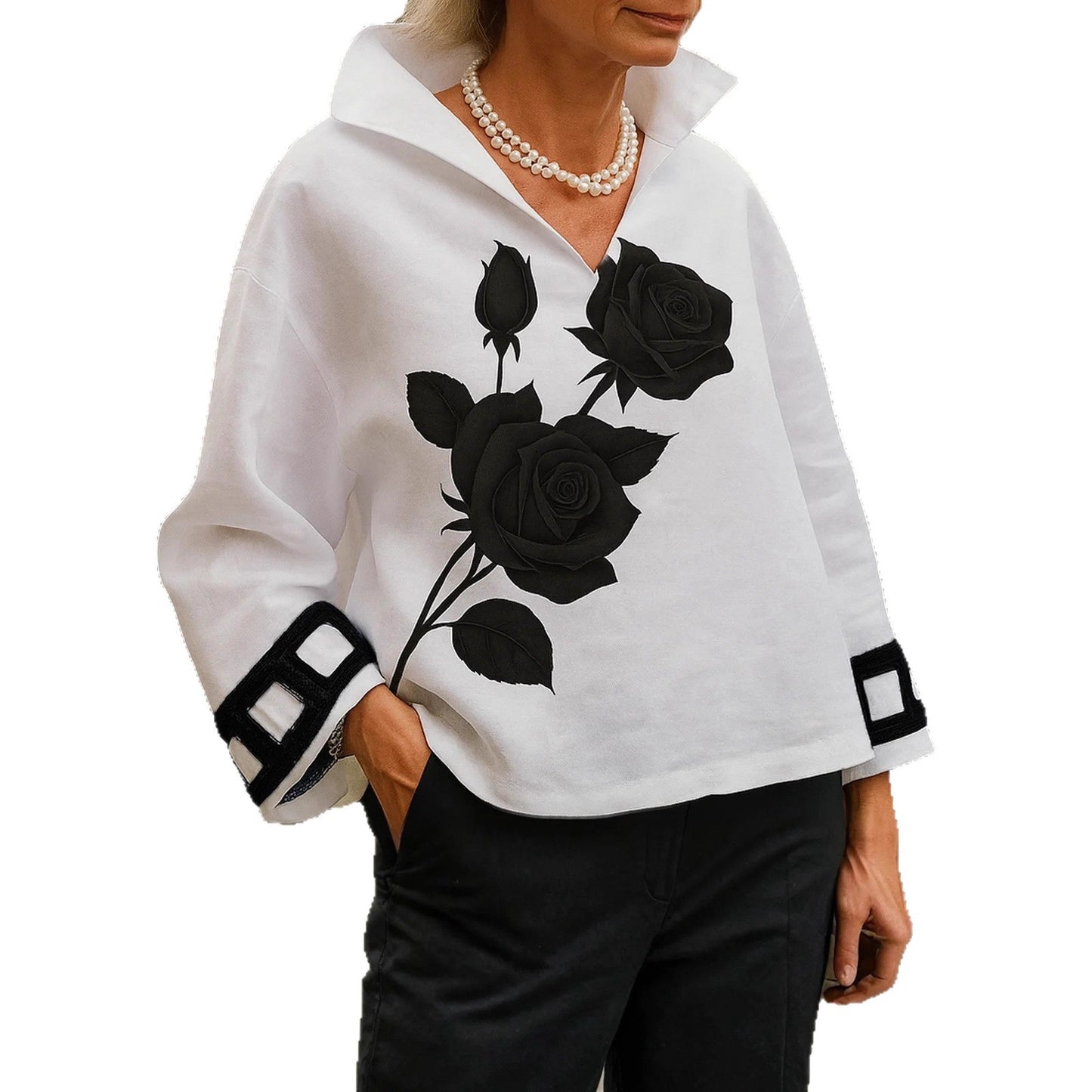 Stylish Relaxed-fit Womens T-shirt With A Stand-up Collar Long Sleeves And A Floral Print