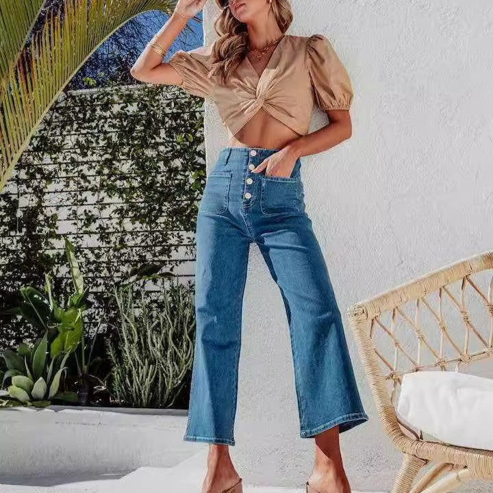 Retro Løse Lige Bukser Med Én Række Ornamenter, Høj Talje, Vide Ben, Jeans Til Kvinder