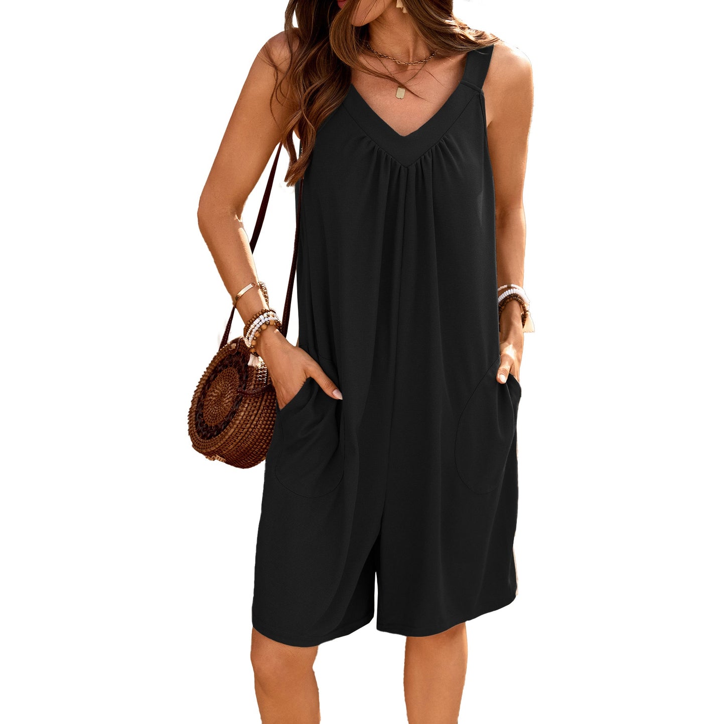 Solid-color V-neck Loose-fit Sleeveless Jumpsuit With Pockets