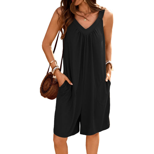 Solid-color V-neck Loose-fit Sleeveless Jumpsuit With Pockets