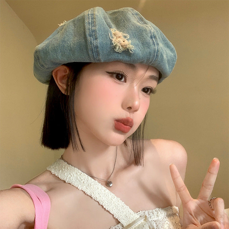 Korean Retro Make Old Ripped Denim Beret