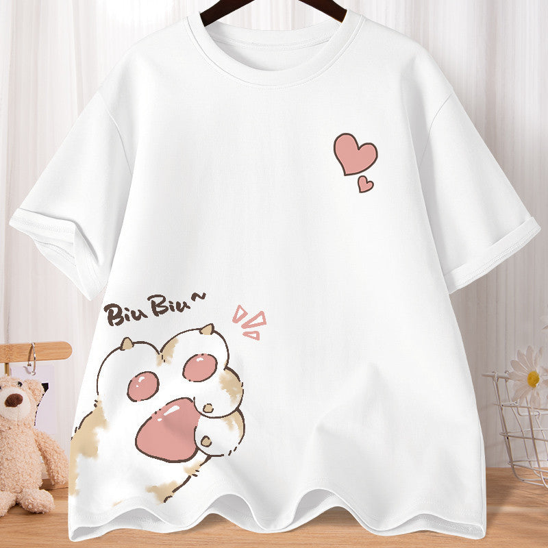 Summer Cartoon Cute Sweet Cat Claw Love Printed Short Sleeve
