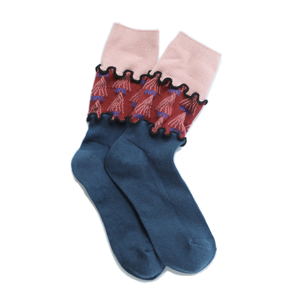 Floral Three-dimensional Relief Stitching Mixed Material Retro Spring Ladies Loose Socks