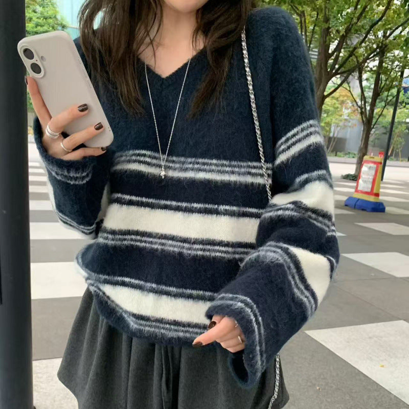 V-neck Layered Striped Brushed Lazy Style Versatile Knit Sweater Women