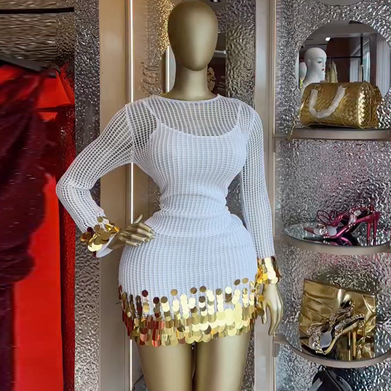 Elegant Hollow-Out Crew Neck Spliced Sequin Bodycon Slip Dress